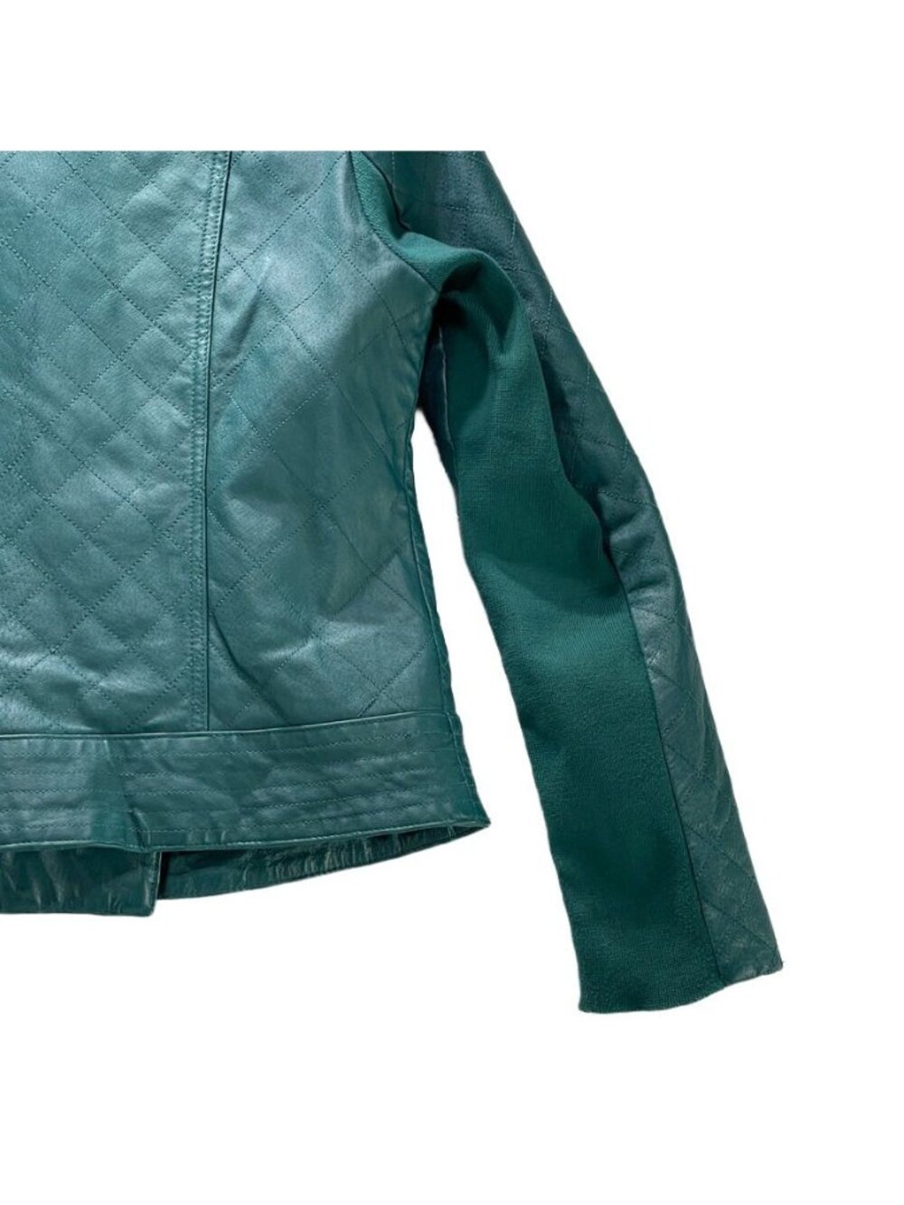 Iman Teal Leather Asymmetrical Moto Jacket XS Zipper Pockets Womens Size Small - Picture 12 of 13